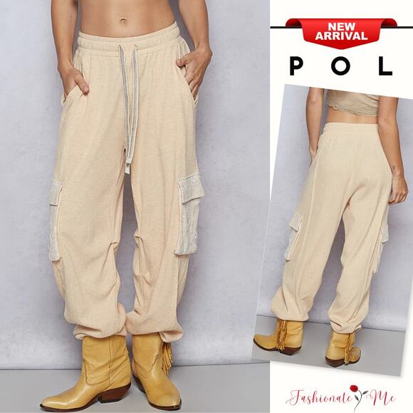 POL High Waist Adjustable Drawstring Lace Cargo Pockets Jogger Pants | Apricot - Picture 1 of 8